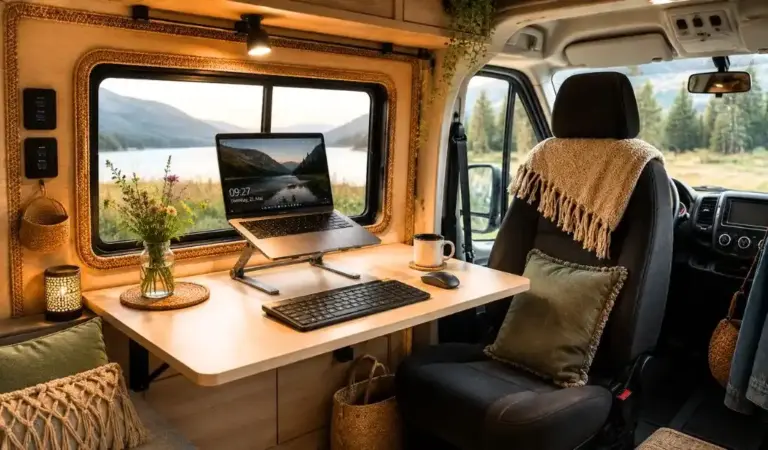 Blick auf einen mobilen Arbeitsplatz im Campervan