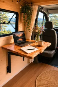 Ein schwenkbarer Tisch in einem Campervan aus Eichenholz mit Naturkante, darauf ein Laptop und ein Notizblock