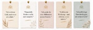 Fünf minimalistische Boho-Karten mit positiven Affirmationen über Geld, finanzielle Freiheit und Investieren auf weißem Hintergrund mit Lotus-Symbol und botanischen Elementen.