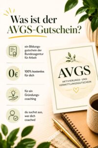 Infografik mit drei Schritten zum AVGS-Gründungscoaching: AVGS-Gutschein beantragen, AZAV-zertifizierte Beratungsstelle auswählen und Coaching starten.