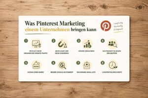Infografik auf hellem Holztisch mit acht Vorteilen von Pinterest Marketing für Unternehmen. Dargestellt werden mehr Website-Traffic, neue Kundinnen, höhere Einnahmen, neue Zielgruppen, Markenaufbau, bessere Google-Sichtbarkeit, eine wachsende E-Mail-Liste und langfristige Reichweite.