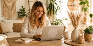 Blonde Frau Mitte 30 arbeitet lächelnd an einem Laptop mit weißem Mandala-Aufkleber in einem hellen Boho-Arbeitszimmer. Umgeben von Pflanzen, Makramee-Dekoration und warmen Naturtönen symbolisiert das Bild ortsunabhängiges Arbeiten und Bloggen.