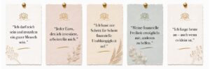 Fünf minimalistische Boho-Karten mit positiven Affirmationen über Geld, finanzielle Freiheit und Investieren auf weißem Hintergrund mit Lotus-Symbol und botanischen Elementen.