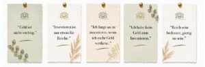 fünf Boho-Karten mit typischen negativen Glaubenssätzen über Geld, Investieren und Reichtum auf weißem Hintergrund mit Lotus-Symbol und botanischen Elementen.