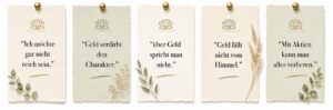 fünf Boho-Karten mit typischen negativen Glaubenssätzen über Geld, Investieren und Reichtum auf weißem Hintergrund mit Lotus-Symbol und botanischen Elementen.