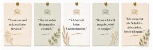 fünf Boho-Karten mit typischen negativen Glaubenssätzen über Geld, Investieren und Reichtum auf weißem Hintergrund mit Lotus-Symbol und botanischen Elementen.