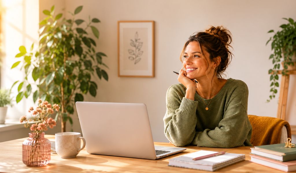Eine Mitte 30 Jährige Frau sitzt an einem Schreibtisch mit aufgeklapptem Laptop und lächelndem Gesicht. Um sie herum eine Art Büro, warm eingerichtet in den Farben Grün, Holz, senfgelb und rosa.