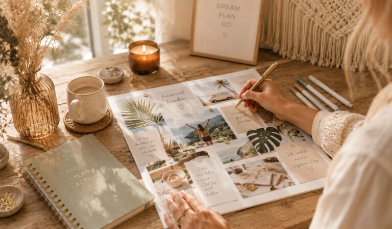 Frau erstellt ein Vision Board für finanzielle Freiheit mit Bildern, Affirmationen und Zielen in einer gemütlichen Boho-Umgebung.