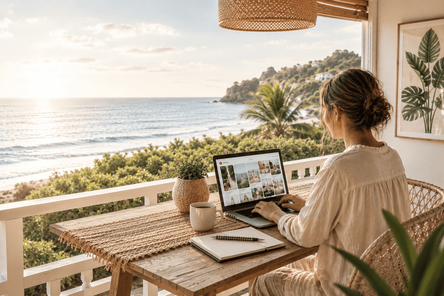 Frau Anfang 30 arbeitet mit Laptop auf einer sonnigen Terrasse mit Blick auf das Meer. Auf dem Bildschirm ist Pinterest geöffnet. Die Szene steht für ortsunabhängiges Arbeiten, Online-Business, Remote Work und finanzielle Freiheit.