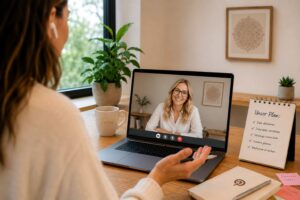 Pinterest Expertin in einem Videocall mit einer potenziellen Kundin. Beide sitzen in entspannter Atmosphäre an ihrem Laptop und besprechen die Pinterest-Strategie für ein Unternehmen.
