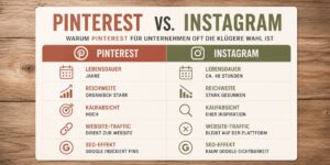 Vergleichsgrafik auf einem Holztisch mit den wichtigsten Unterschieden zwischen Pinterest und Instagram. Gegenübergestellt werden Lebensdauer von Inhalten, organische Reichweite, Kaufabsicht, Website-Traffic und SEO-Effekt.
