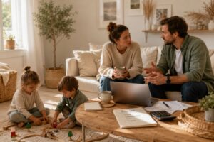 Eltern unterhalten sich im Wohnzimmer über Geld und Finanzen, während ihre Kinder daneben auf dem Boden spielen. Das Bild symbolisiert, wie finanzielle Glaubenssätze bereits in der Kindheit entstehen.