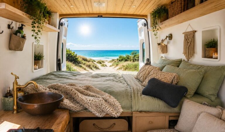 Heller Campervan im Boho-Stil mit weißen Wänden, gemütlichem Längsbett mit grüner Musselin-Bettwäsche, ergonomischem Blackroll Recovery Pillow und Blick durch die geöffneten Hecktüren auf Strand und Meer.