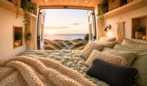Gemütliches Längsbett im Campervan mit salbeigrüner Musselin-Bettwäsche, flauschiger Tagesdecke, ergonomischem Blackroll Recovery Pillow und Blick durch die geöffneten Hecktüren auf einen Sonnenuntergang am Meer.