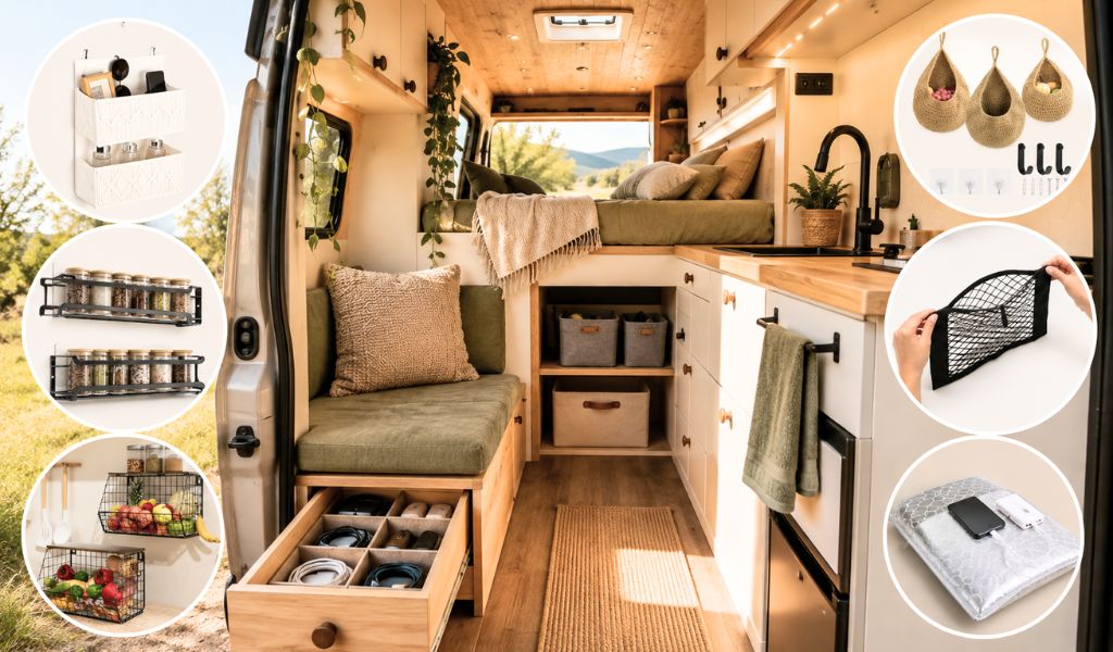 Ordnung im Camper mit praktischen Ordnungssystemen, Hängeorganizern, Gepäcknetzen und Stauraum-Ideen im ausgebauten Campervan