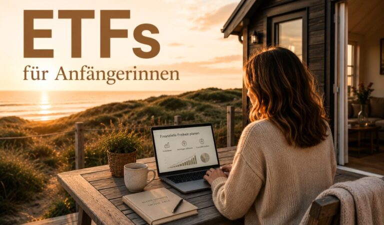 Frau investiert am Laptop in ETFs und baut langfristig Vermögen auf.