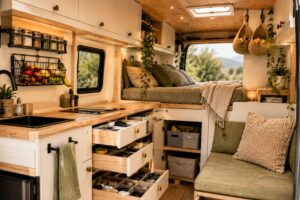 Ordnung im Camper mit Hängeorganizern, Körben, Schubladen und cleveren Stauraum-Ideen im ausgebauten Campervan